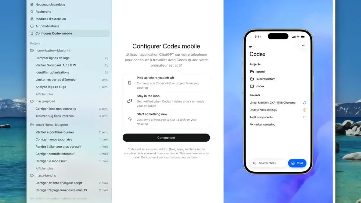 Interface mobile de Codex montrant du code généré automatiquement sur smartphone
